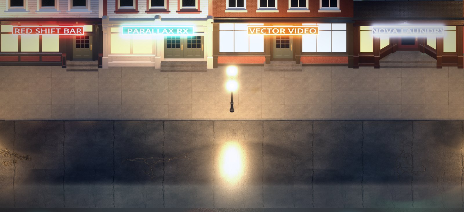 A rain-wet road at night under a street lamp, shopfronts with glowing signs along the sidewalk